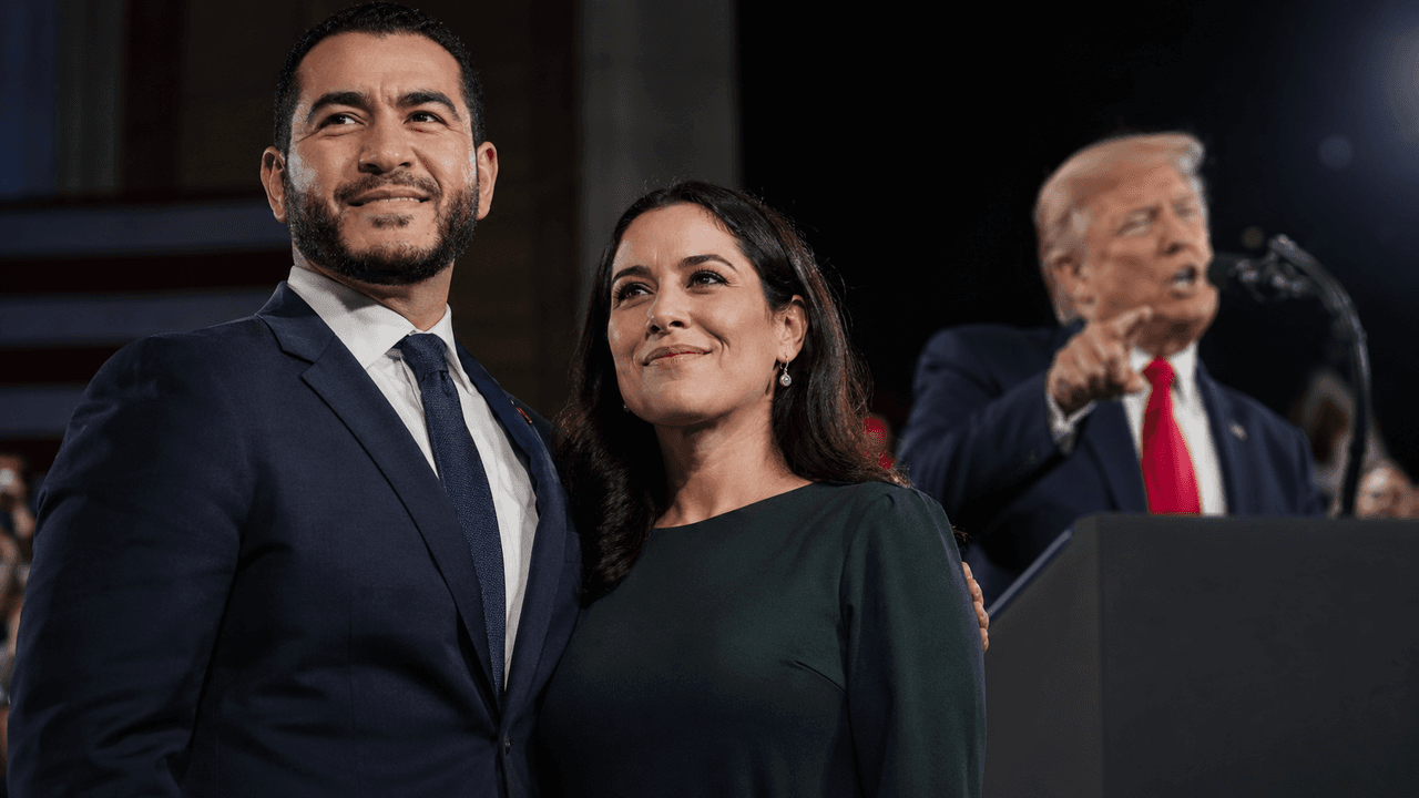 Abdul El-Sayed and his wife Sarah Jukaku pictured in an editorial illustration with President Donald Trump in the background.